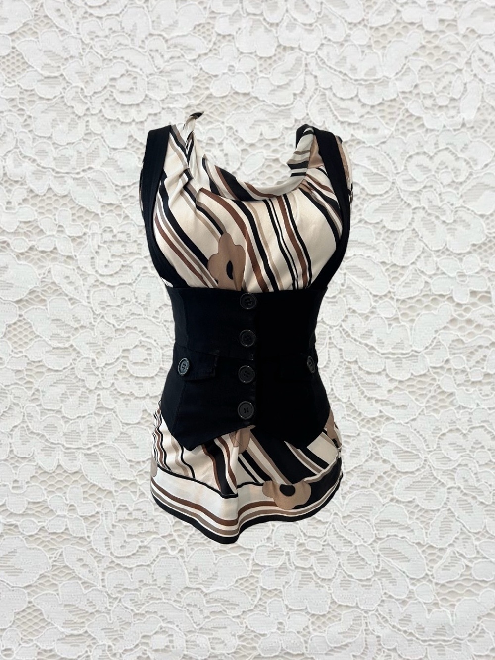 vintage y2k striped and flower printed office siren tank top - Picture 2 of 8